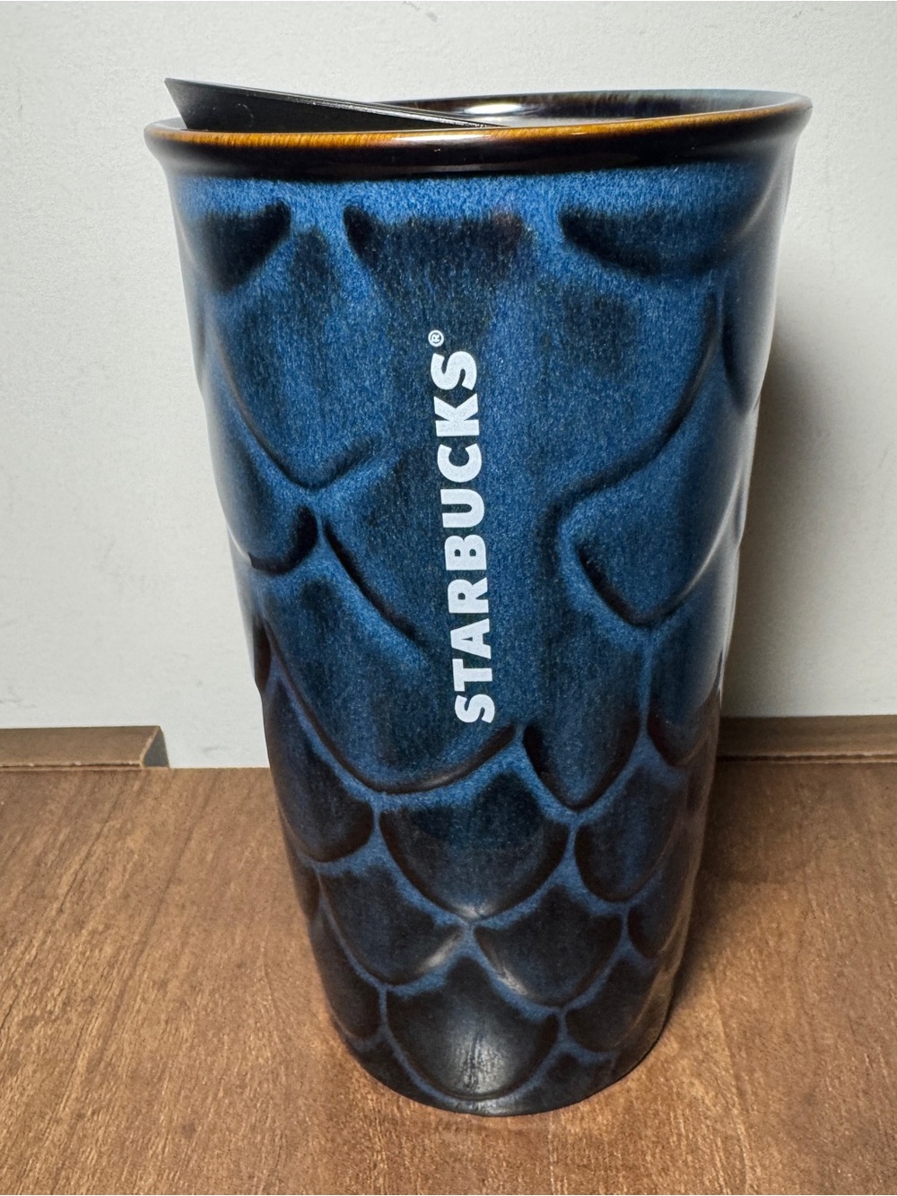 2017 Anniversary Starbucks Mermaid Blue Scales 10 oz Ceramic Travel Tumbler wLid